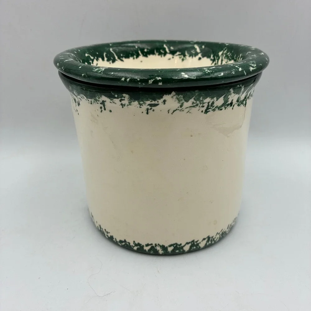 Artisan Floral Spongeware Ceramic Dip Chiller Potpourri Crock Green Cream 5in